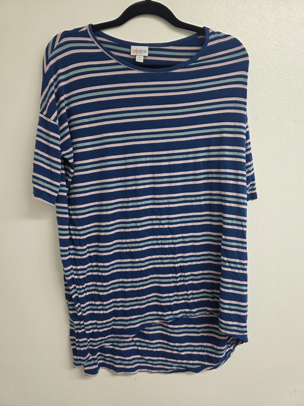 LuLaRoe Blue, Pink & Teal Striped Short Sleeve Tee (0594)